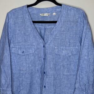 Orvis Womens Size Large 100% Linen Chambray 3/4 Sleeve Button Up Blouse